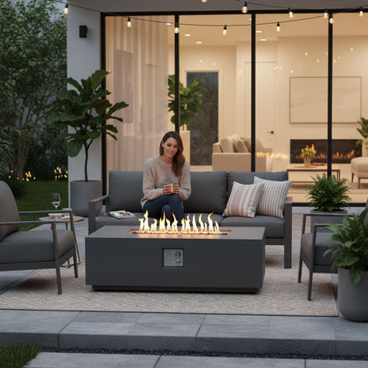 Volon 48" × 30" Rectangular Fiber‑Concrete Fire Pit Table – Light Gray - 50,000 BTU