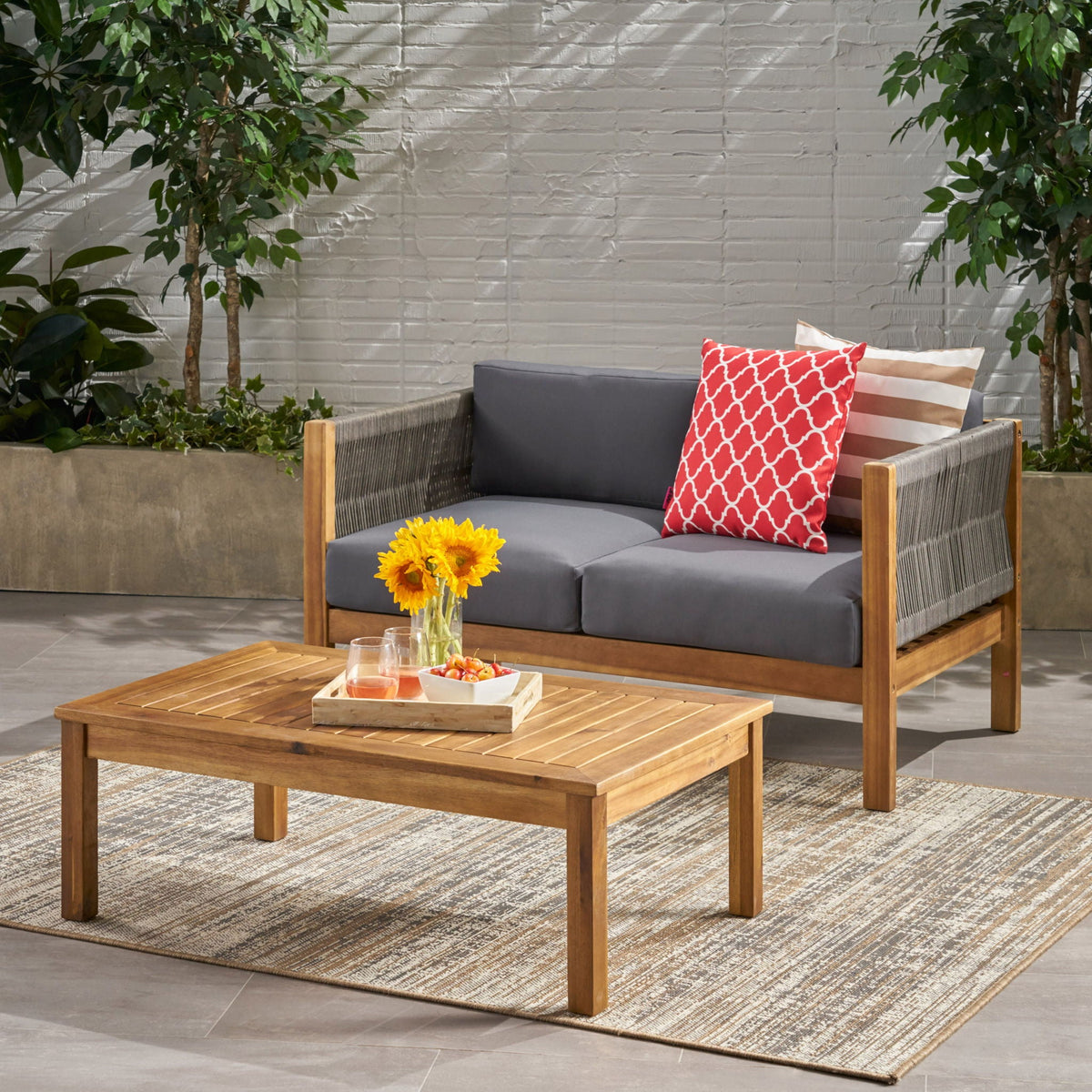 Charlotte Acacia Wood & Rope Outdoor Chat Set with Cushions – 4‑Piece