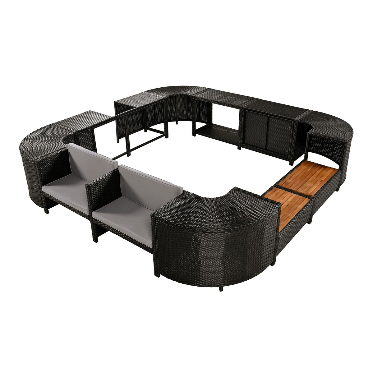 Spa Surround Outdoor Rattan Sectional Sofa Set – Built‑In Storage, Wooden Seats & Cushions (Beige or Gray)