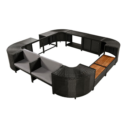 Spa Surround Outdoor Rattan Sectional Sofa Set – Built‑In Storage, Wooden Seats & Cushions (Beige or Gray)