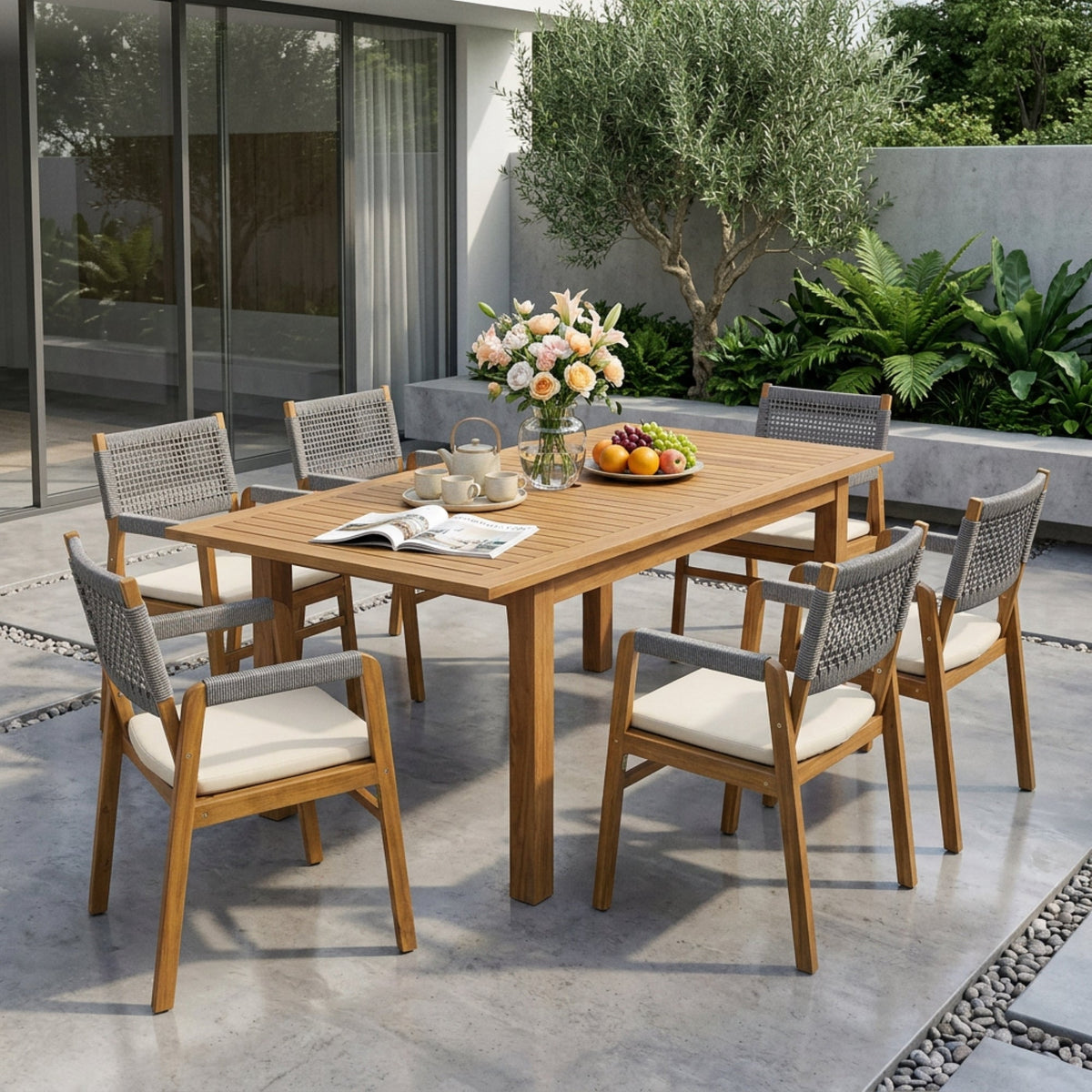 Teak‑Finish Acacia Dining Set with Rope‑Woven Armchairs (7‑Piece)