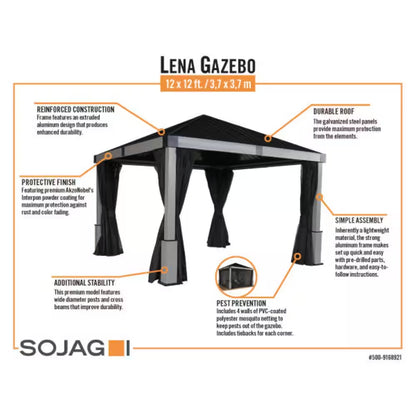 Lena 12 Ft. X 12 Ft. Grey Hard Top Rustproof Aluminum Framed Gazebo