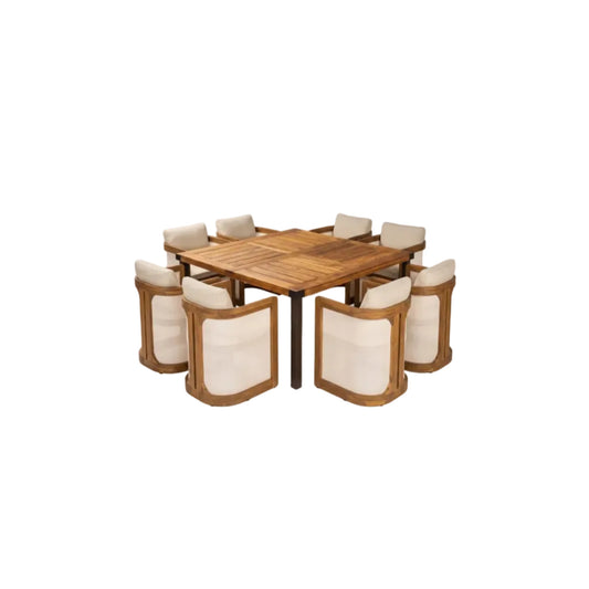 9-Piece Acacia Wood Outdoor Dining Set – Teak Finish with 8 Cushioned Chairs