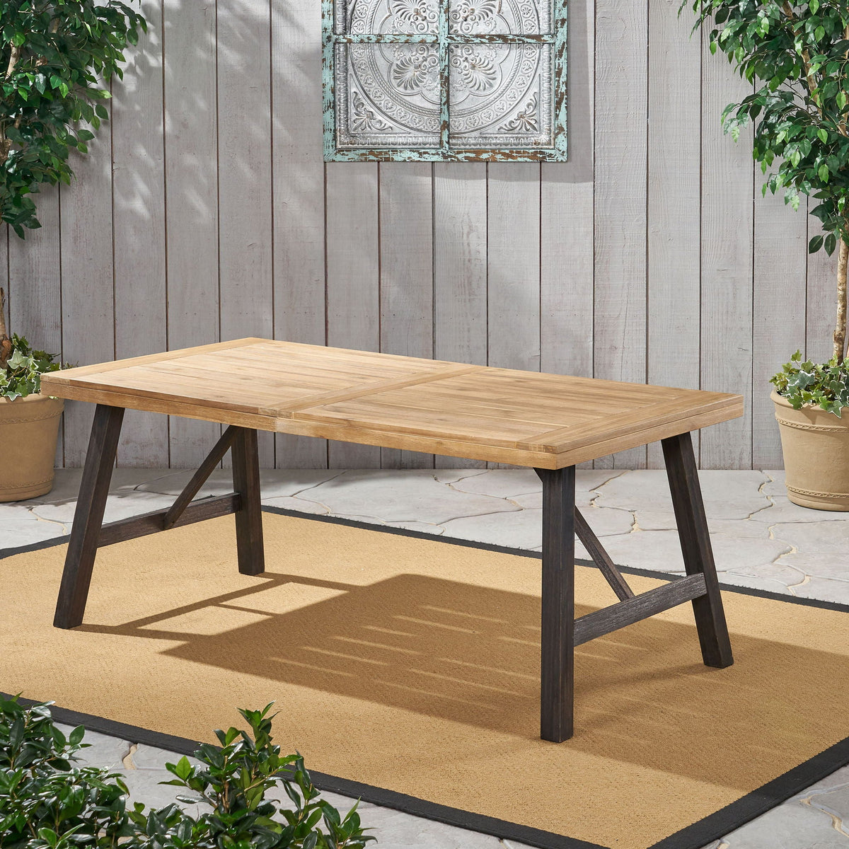 Acacia Wood Outdoor Dining Set with 2 Benches & Slat‑Panel Table – Light Brown