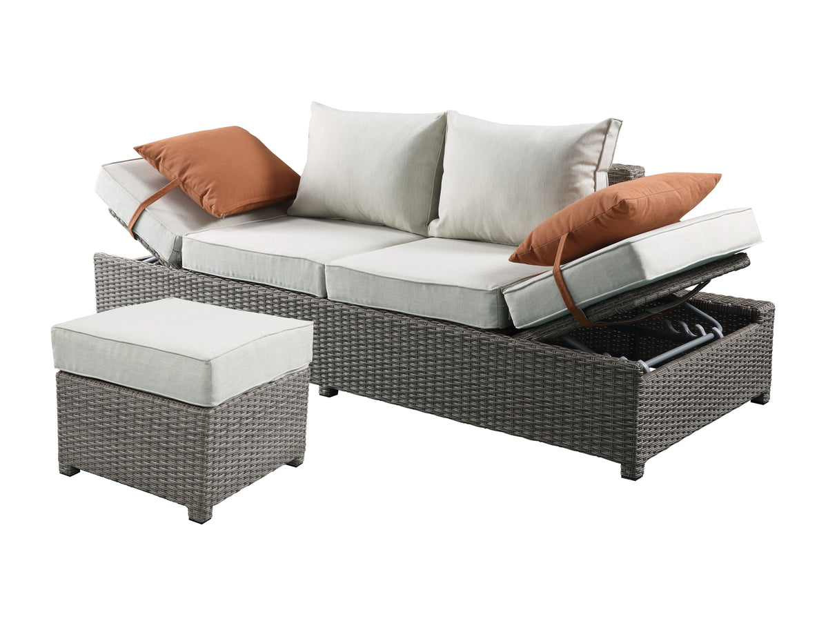 Salena All‑Weather Wicker Patio Sofa & Ottoman with Toss Pillows – Beige / Gray