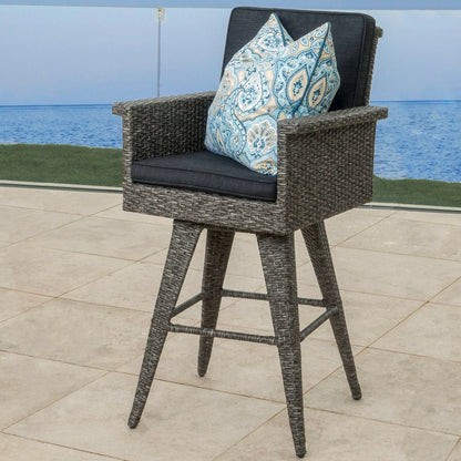 Outdoor Rattan Swivel Barstool – Water‑Resistant Cushions, Iron Frame & Mixed Black/Dark Gray Design
