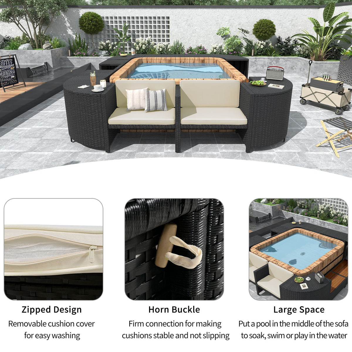 Spa Surround Outdoor Rattan Sectional Sofa Set – Built‑In Storage, Wooden Seats & Cushions (Beige or Gray)