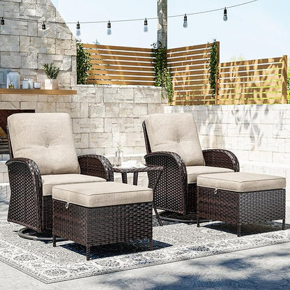 Joyside 5-Piece Outdoor Wicker Patio Set – 360° Swivel Glider Chairs with Beige Cushions