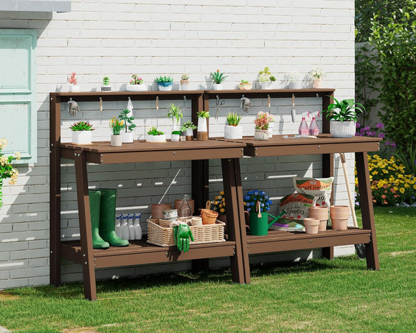 SERWALL Outdoor Potting Bench Set of 2 – All-Weather HDPE Garden Workstations with Storage Shelves & Hooks – Brown