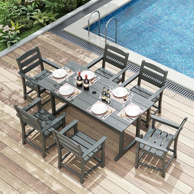 7-Piece HDPE Outdoor Dining Set – All-Weather Patio Table & 6 Chairs with Umbrella Hole – Gray