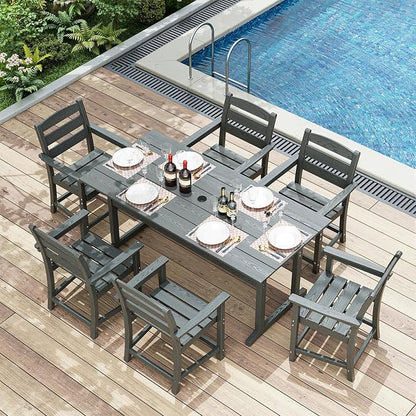 7-Piece HDPE Outdoor Dining Set – All-Weather Patio Table & 6 Chairs with Umbrella Hole – Gray