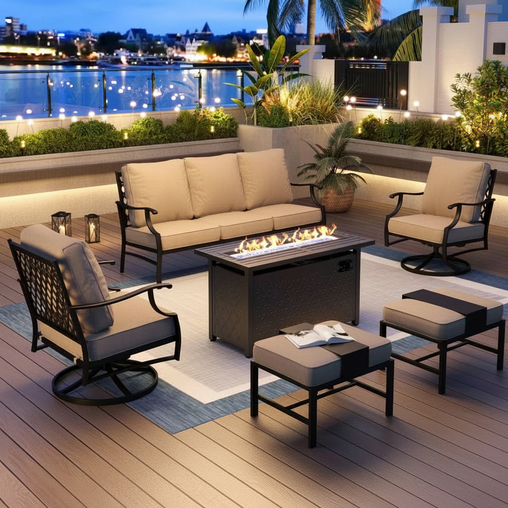 Black Metal Meshed 7 Seat 6-Piece Steel Outdoor Fire Pit Patio Set with Beige Cushions, Black Rectangular Fire Pit Table