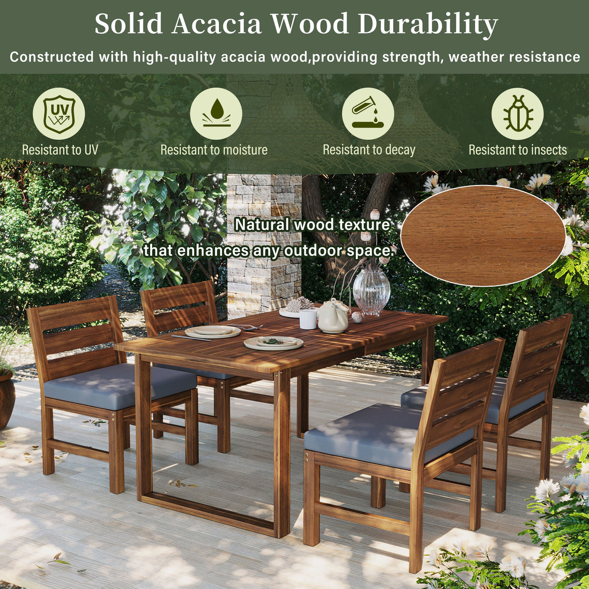 5‑Piece Acacia Wood Outdoor Farmhouse Dining Set with Cushions – Natural Finish