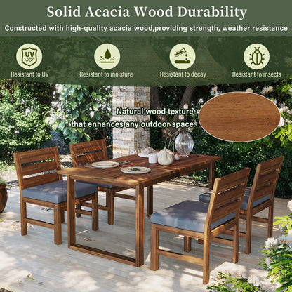 5‑Piece Acacia Wood Outdoor Farmhouse Dining Set with Cushions – Natural Finish