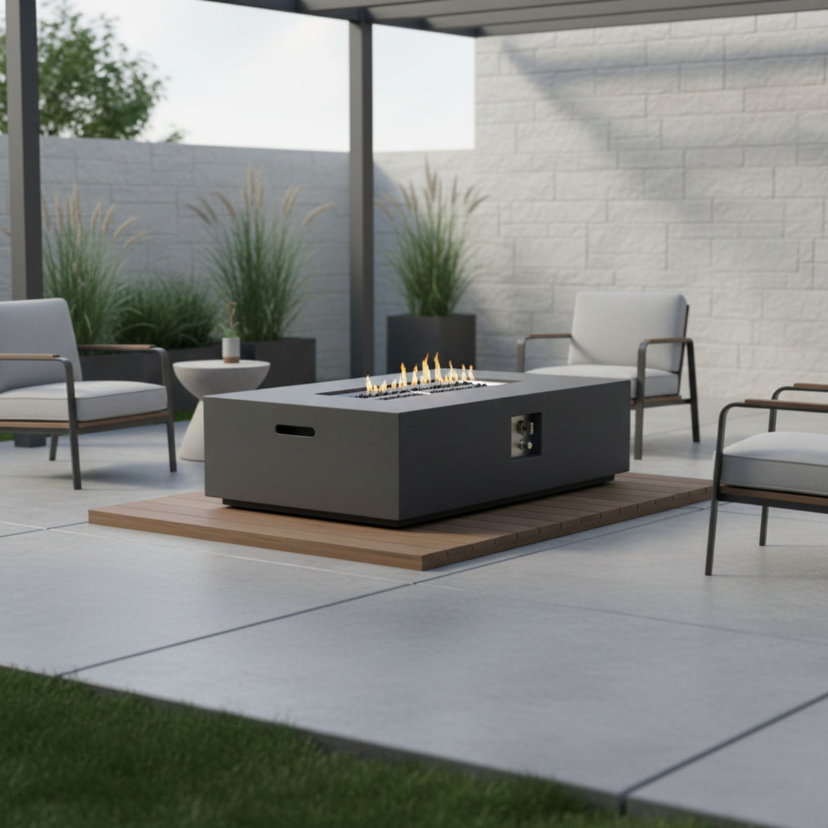 Volon 48" × 30" Rectangular Fiber‑Concrete Fire Pit Table – Light Gray - 50,000 BTU