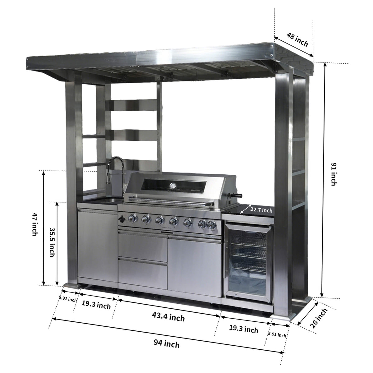 Castelle Flame Astoria 94-Inch 6-Burner 85K BTU Outdoor Kitchen Grill Island