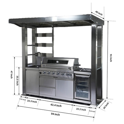 Castelle Flame Astoria 94-Inch 6-Burner 85K BTU Outdoor Kitchen Grill Island