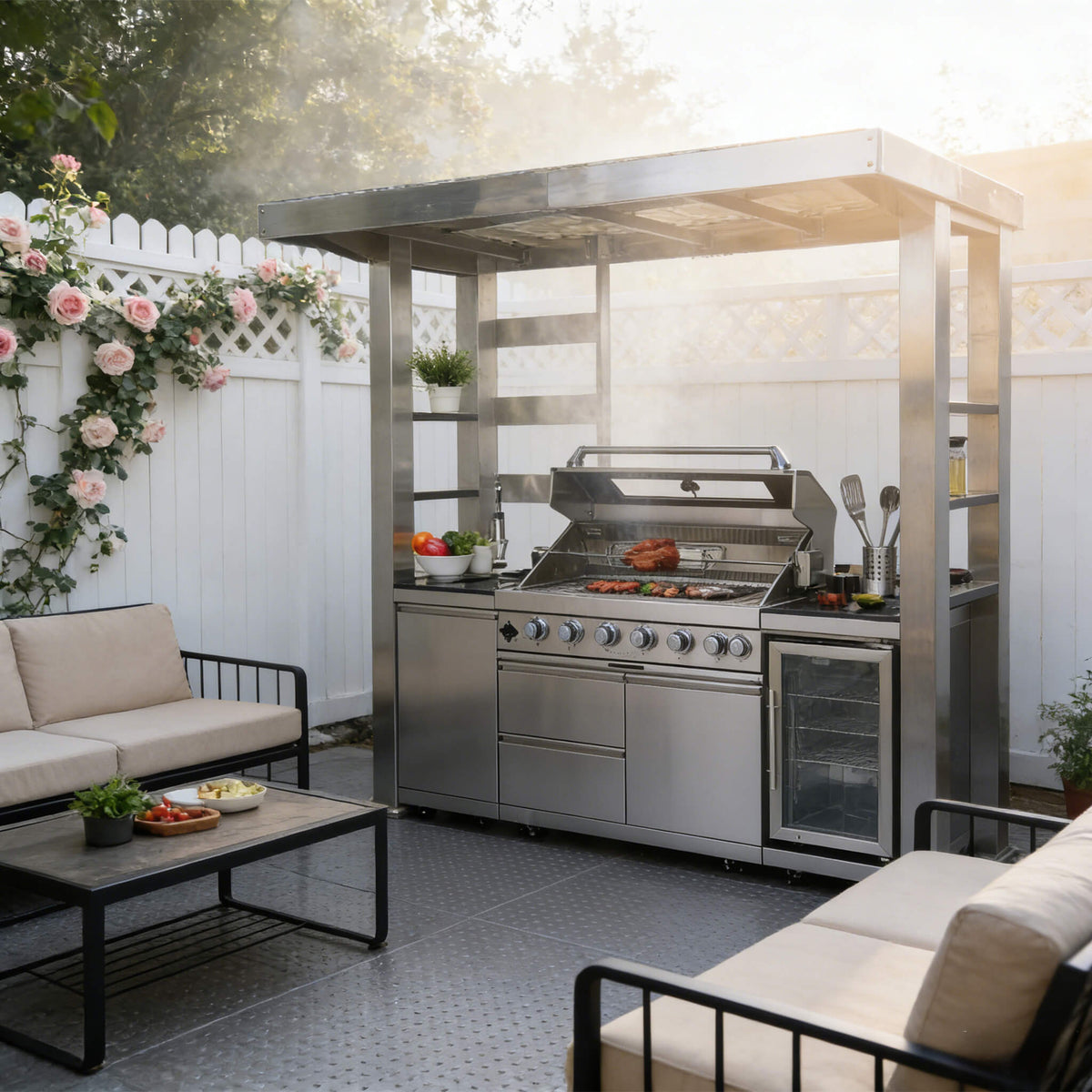 Castelle Flame Astoria 94-Inch 6-Burner 85K BTU Outdoor Kitchen Grill Island