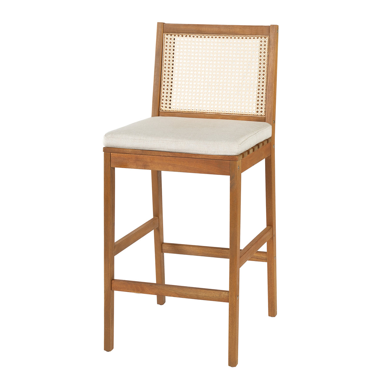 Kirkby Acacia Wood Outdoor Barstool with Woven Rattan Backrest & Cushion  Short + Clean