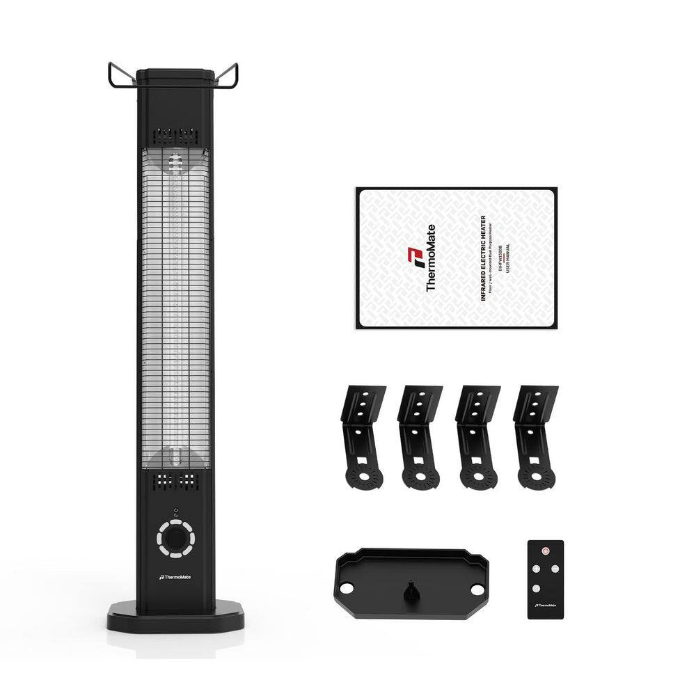 1500 BTU Electric Infrared Heater Freestanding Wall Mount Waterproof Black Metal Remote Control 8 Heat Levels with Timer