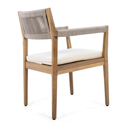 raided Acacia Outdoor Dining Chair Set of 4 — Teak Look with Beige Rope & Cream Cushions