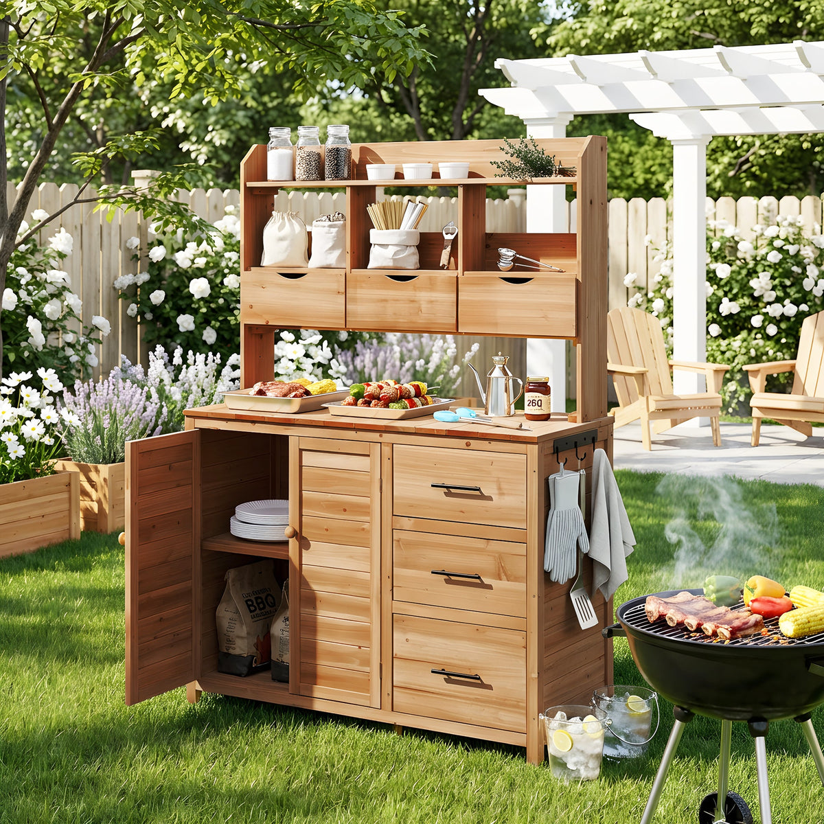 TOPMAX 65" Farmhouse Wooden Garden Potting Bench – 6 Drawers, Storage Cabinet & Adjustable Shelf
