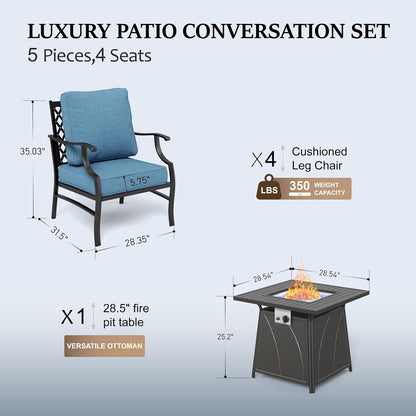 5 Pieces Patio Furniture Set with Fire Pit Table, 4 X Thick Cushioned Chairs, 1 X Fire Pit Table (50,000 BTU), All Weather Outdoor Conversation Set for Garden, Backyard, Lawn, Navy Blue