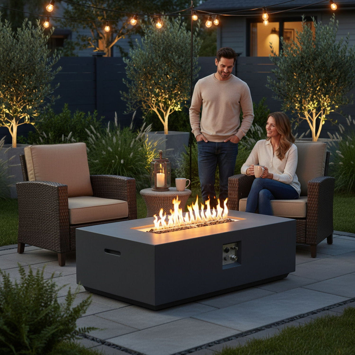 Volon 48" × 30" Rectangular Fiber‑Concrete Fire Pit Table – Light Gray - 50,000 BTU