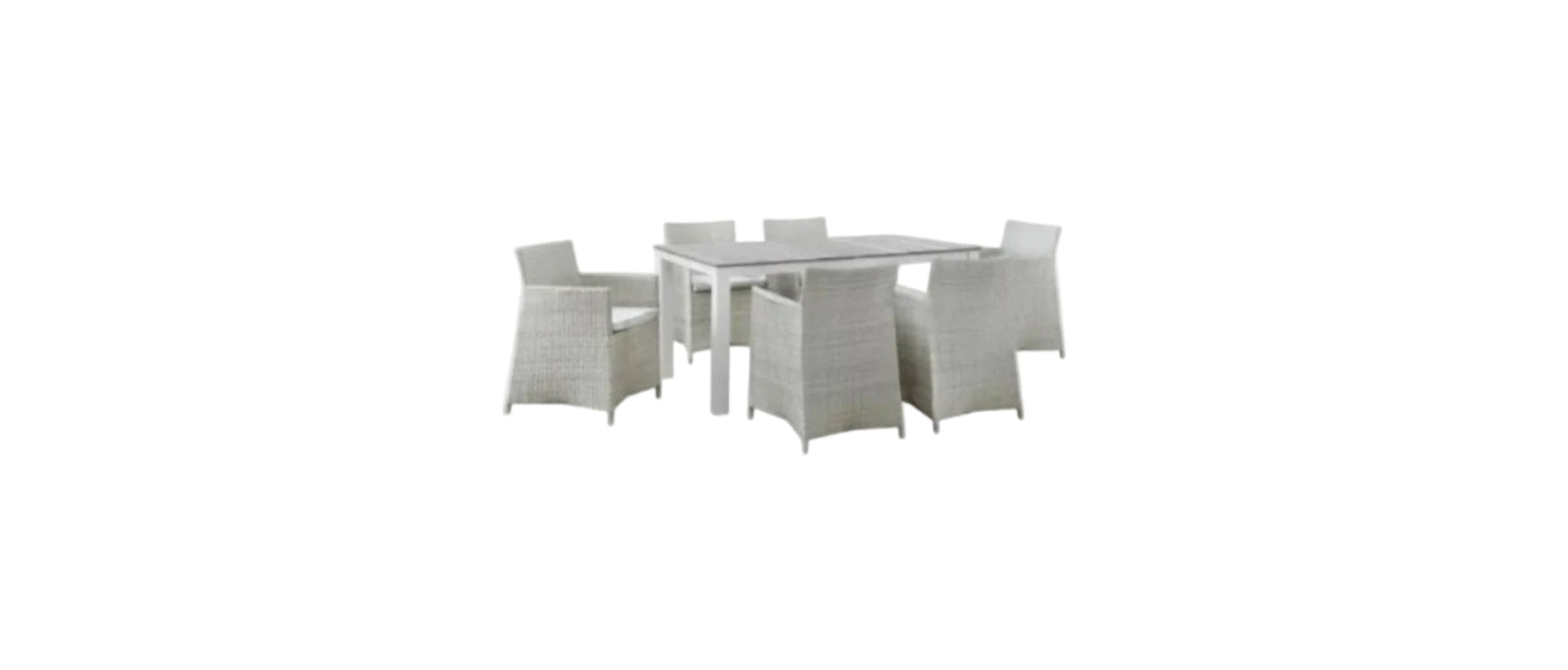 Junction Wicker Rattan 7-Piece Outdoor Patio Dining Set with 63" Dining Table and Six Dining Armchairs with Cushions in Gray White