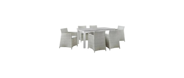 Junction Wicker Rattan 7-Piece Outdoor Patio Dining Set with 63" Dining Table and Six Dining Armchairs with Cushions in Gray White
