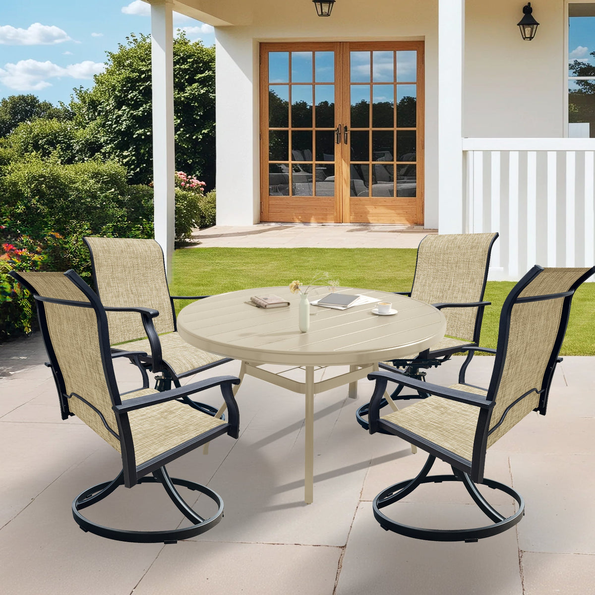 Round Outdoor Dining Set — 360° Swivel Chairs, Umbrella Hole & Rust‑Resistant Frame