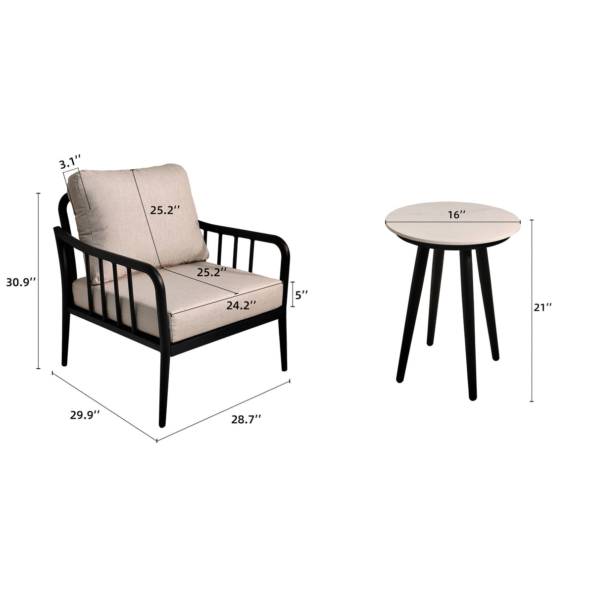 3-Piece Modern Aluminum Outdoor Conversation Set with Sunbrella Cushions & Side Table