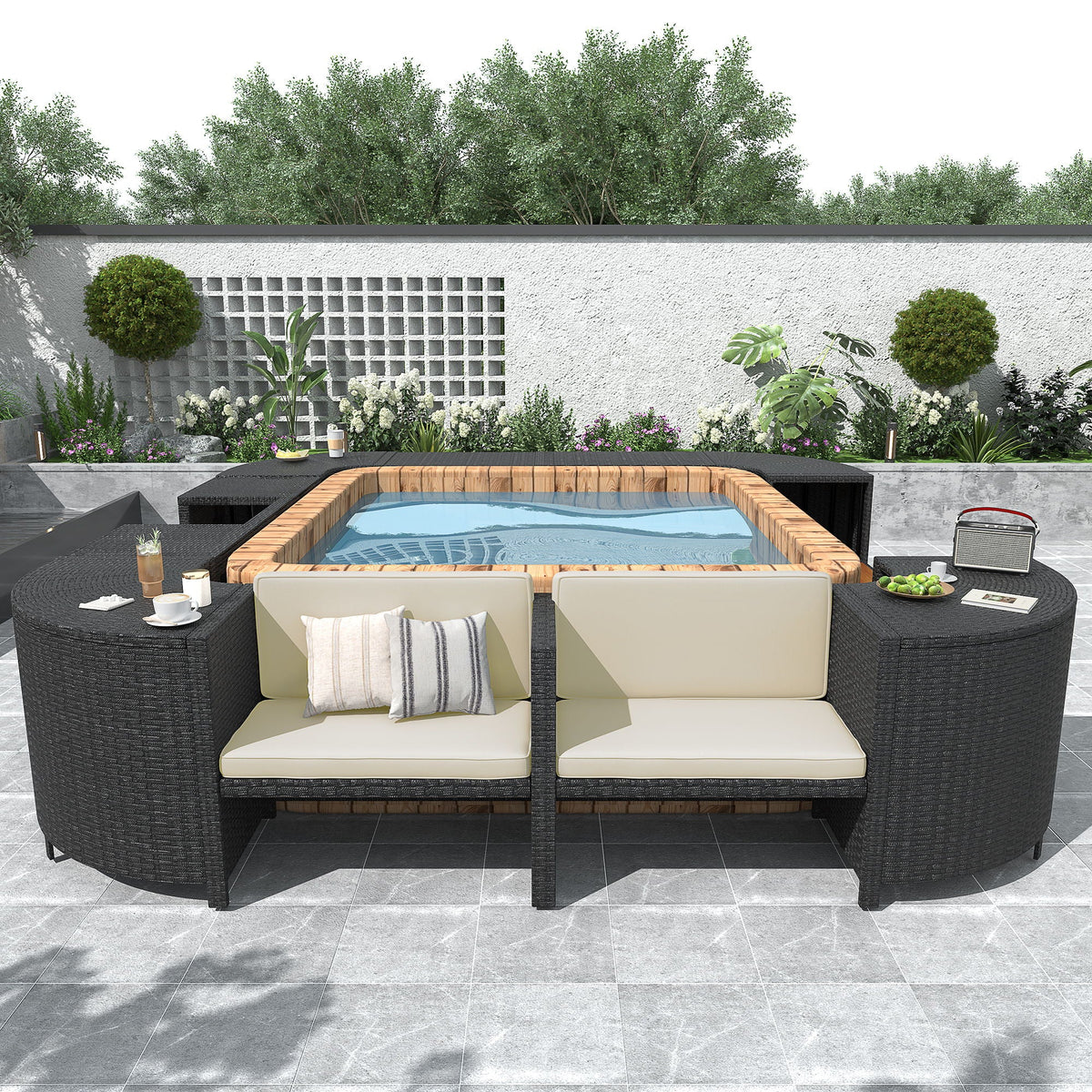 Spa Surround Outdoor Rattan Sectional Sofa Set – Built‑In Storage, Wooden Seats & Cushions (Beige or Gray)