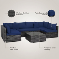 7-Piece Patio Rattan Furniture Set Sectional Sofa Cushioned Garden Navy — Feature Infographic