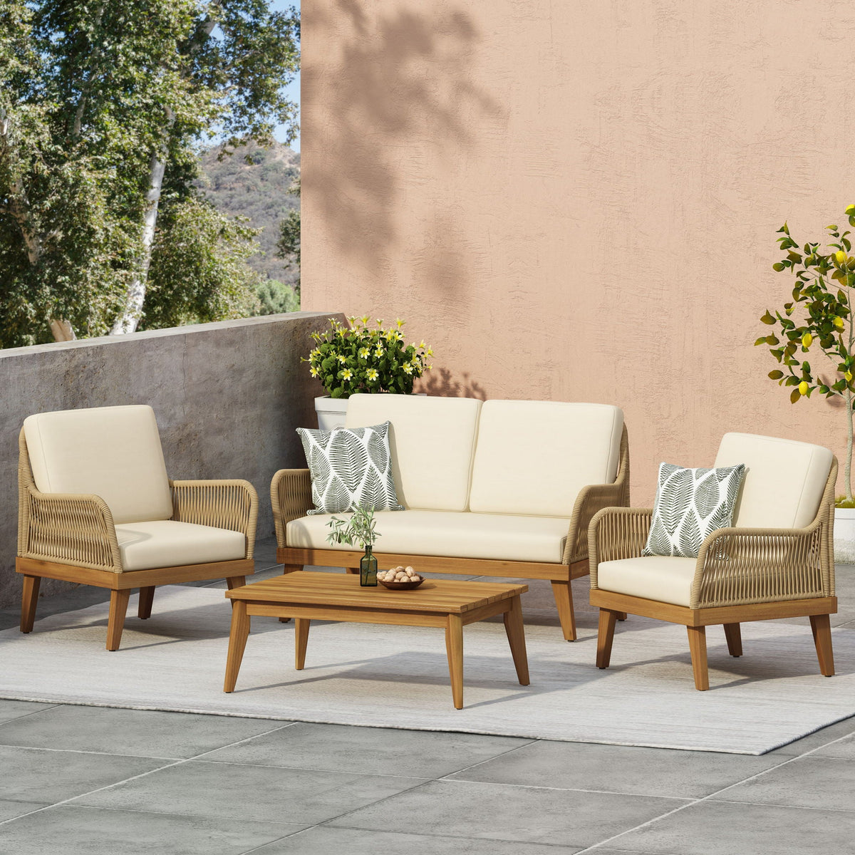Hueber 4‑Piece Acacia Wood Outdoor Chat Set with Rope Detailing & Water‑Resistant Cushions