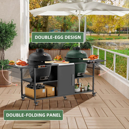 Outdoor Grill Cart for 2 Big Egg Grills – Black/Silver