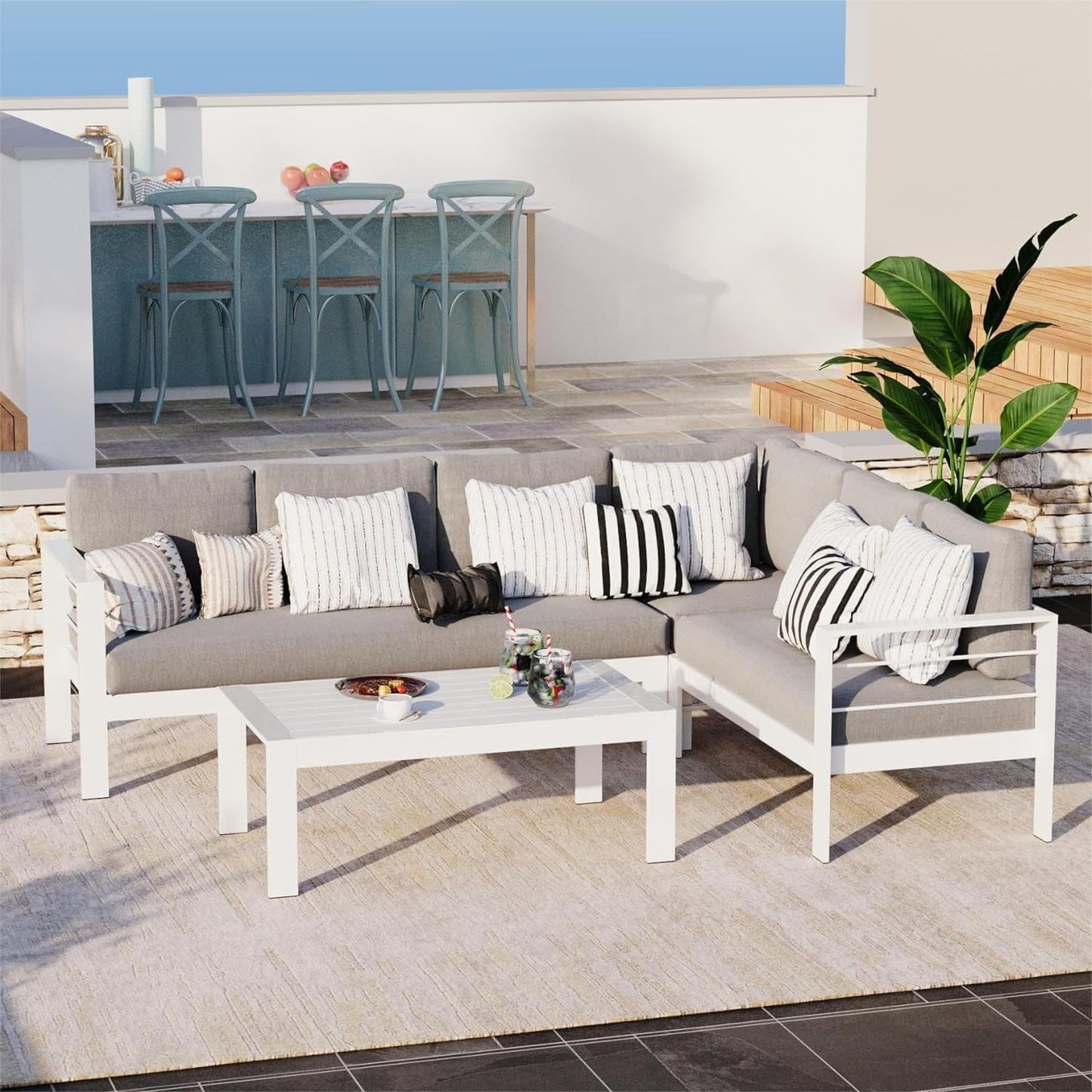 Aluminum Patio Furniture Set, Metal Patio Sectional Sofa with Imitation Wood Tabletop Coffee Table, Modern Outdoor Furniture Couch with Water-Resistant Cushion for Balcony Backyard, White