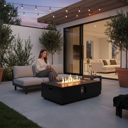 Volon 48" × 30" Rectangular Fiber‑Concrete Fire Pit Table – Charcoal Finish - 50,000 BTU – Charcoal Finish, 50,000 BTU