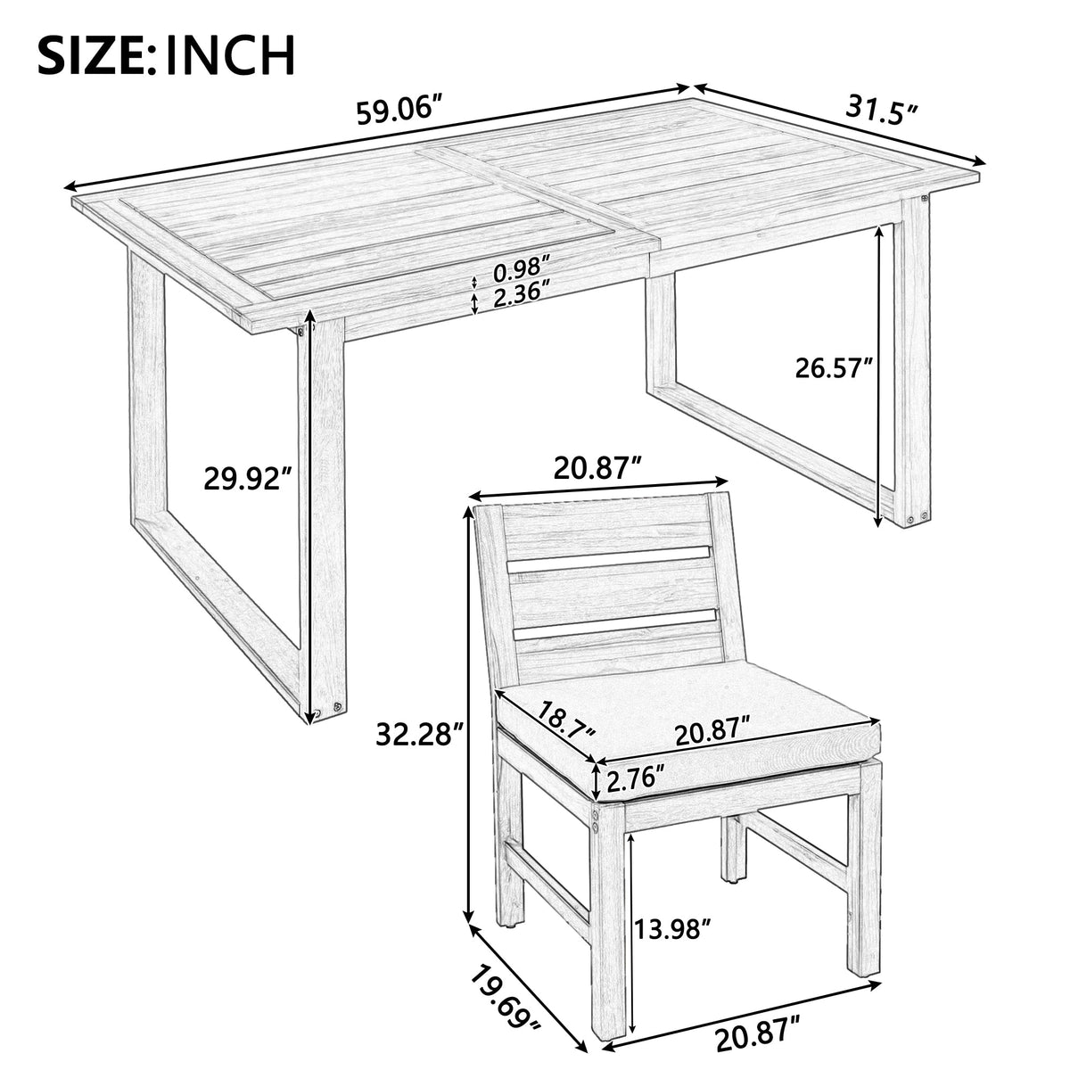 5‑Piece Acacia Wood Outdoor Farmhouse Dining Set with Cushions – Natural Finish