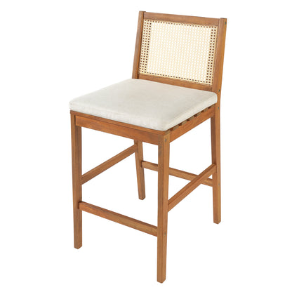 Kirkby Acacia Wood Outdoor Barstool with Woven Rattan Backrest & Cushion  Short + Clean