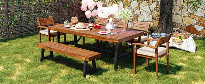 Outdoor Dining Set for 7–8 — Acacia Wood, Beige Cushions & Ergonomic Chairs