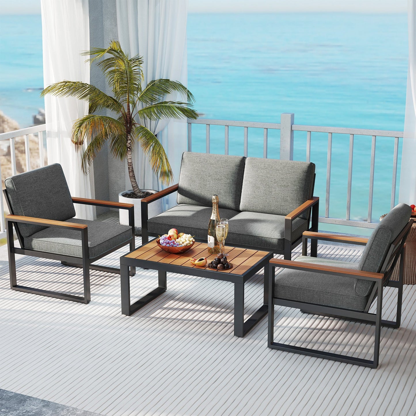 4 Piece  Aluminum Patio Furniture Set with Armrests and Tabletop-Gray