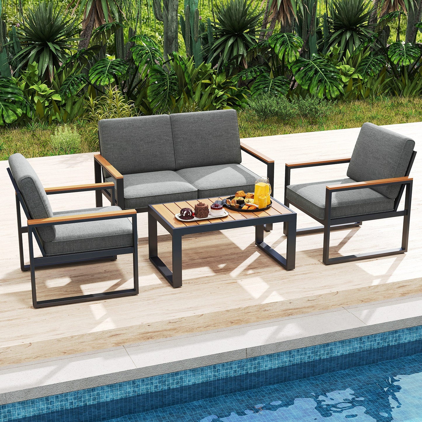 4 Piece  Aluminum Patio Furniture Set with Armrests and Tabletop-Gray