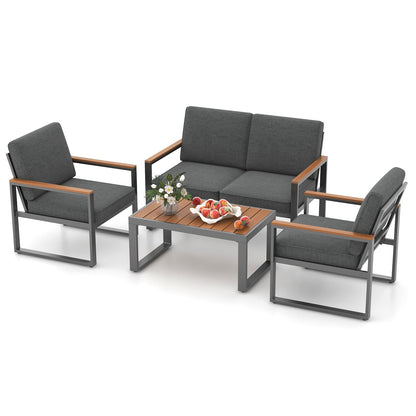 4 Piece  Aluminum Patio Furniture Set with Armrests and Tabletop-Gray