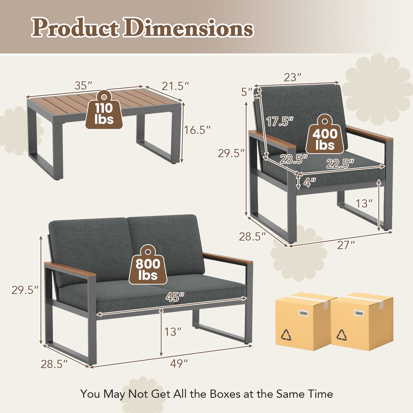 4 Piece  Aluminum Patio Furniture Set with Armrests and Tabletop-Gray