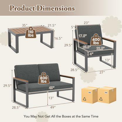 4 Piece  Aluminum Patio Furniture Set with Armrests and Tabletop-Gray