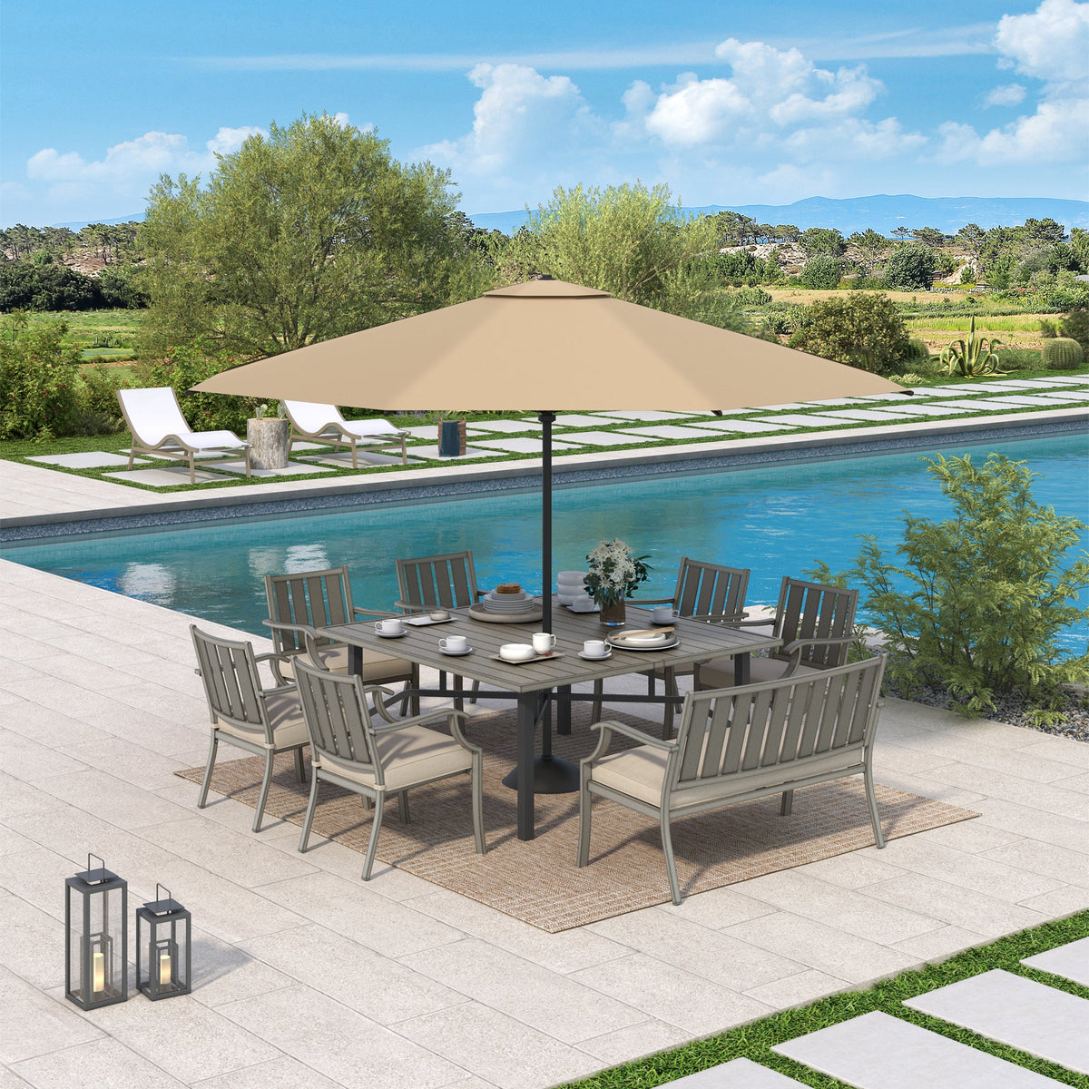 Azur 8-Person Patio Square Dining Table Set With Sunbrella® Cushions