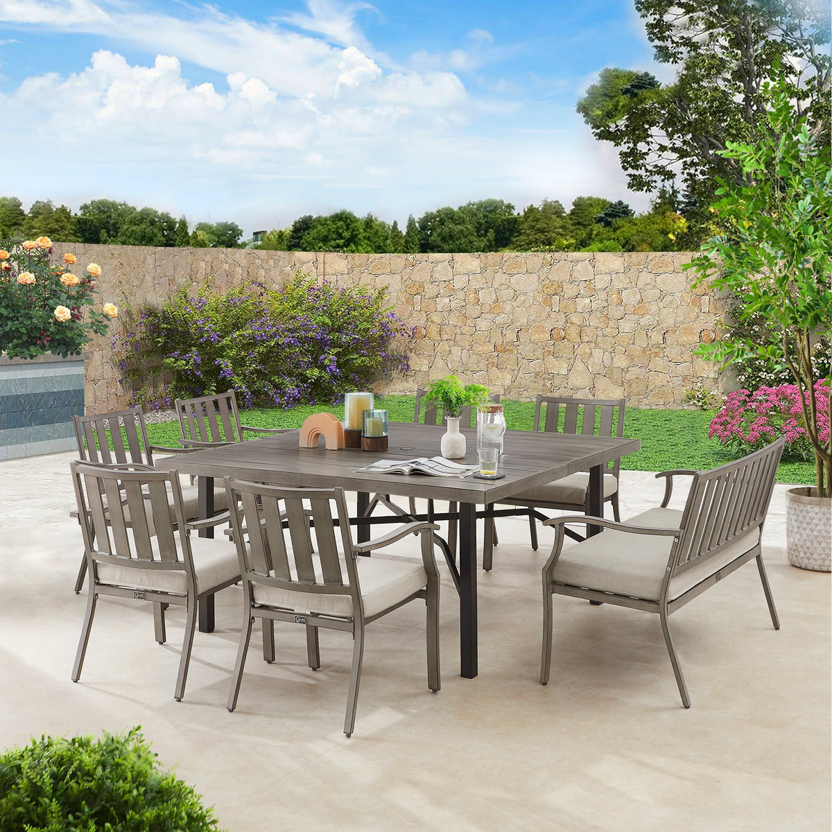 Azur 8-Person Patio Square Dining Table Set With Sunbrella® Cushions