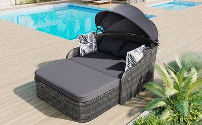 Outdoor Sunbed with Adjustable Canopy PE Rattan Daybed