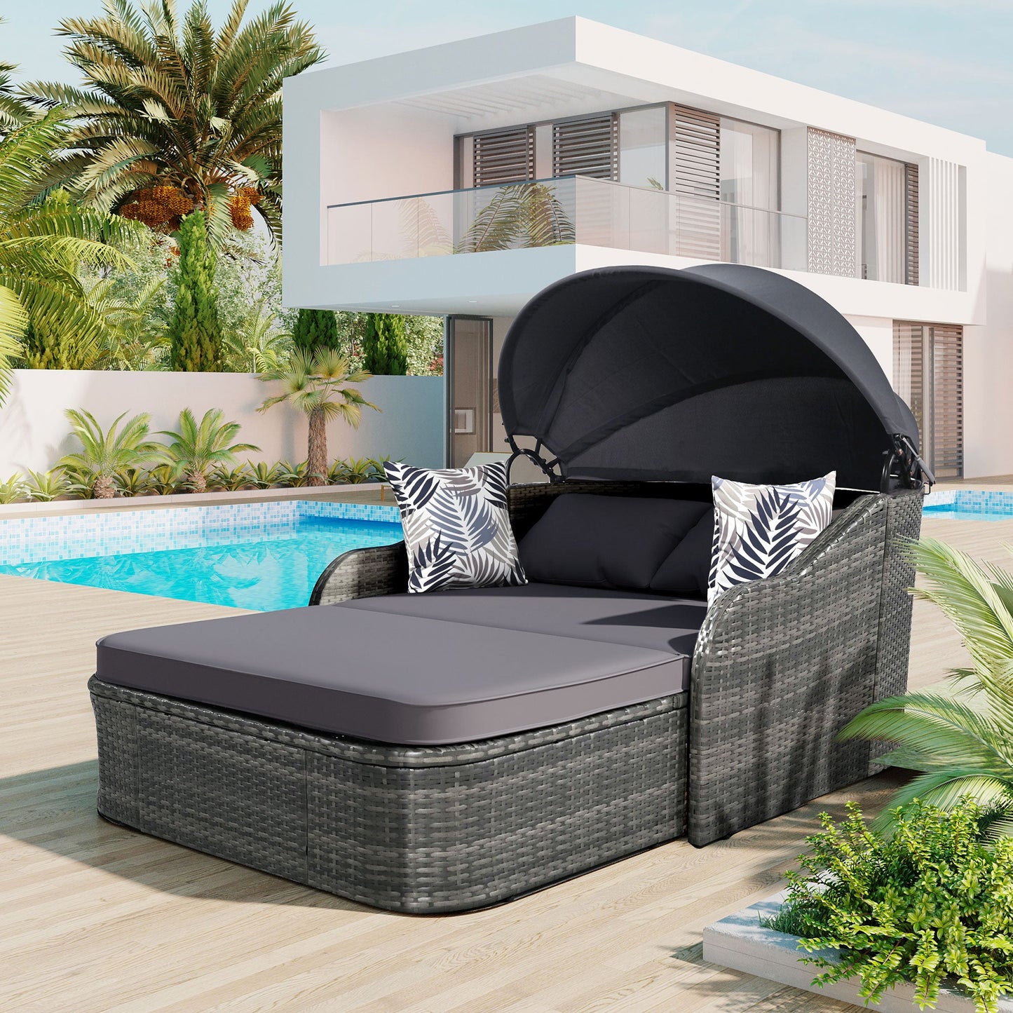 Outdoor Sunbed with Adjustable Canopy PE Rattan Daybed